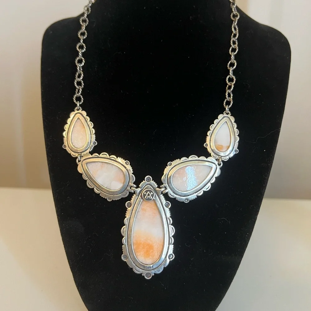 American West sterling Silver Orange Spiny Oyster Pear Shaped Gemstone Necklace - Picture 3 of 4